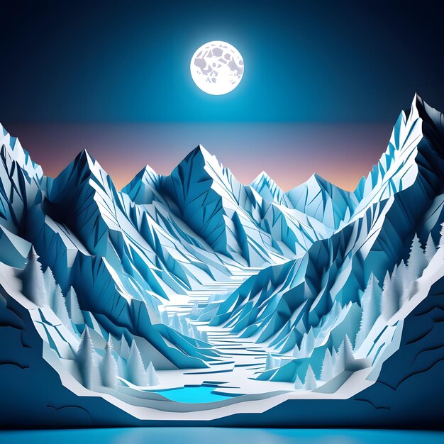 Rocky mountain range covered by snow in winter with glacier at night in paper cut style