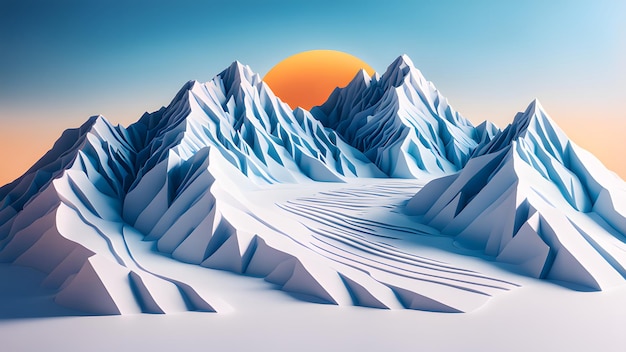 Photo rocky mountain range covered by snow in winter with glacier at sunrise in paper cut style