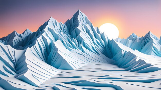 Rocky mountain range covered by snow in winter with glacier at sunrise in paper cut style