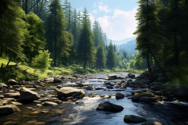 A rocky mountain river flows through the forest on the background of mountains eco nature landscape with mountains forest and a river in front beautiful scenery generative ai