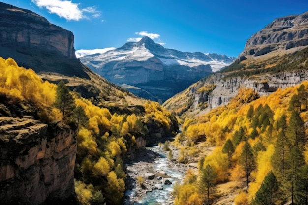 Rocky mountains with autumn trees in Ordesa y Monte Perdido