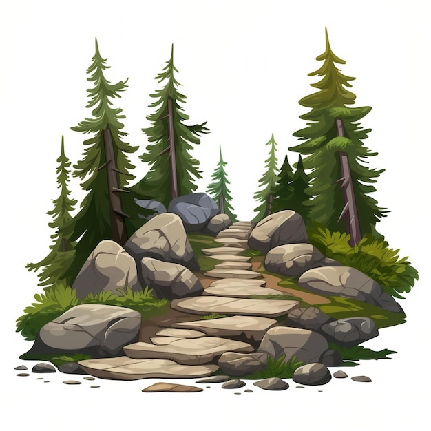 Rocky path through dense pine forest