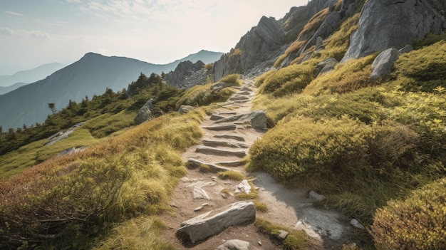 A rocky path with grass and rocks leading up to the top of a mountain generative AI