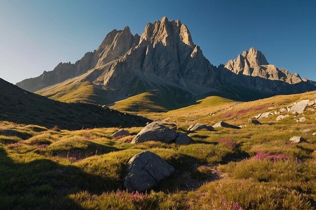 Foto rocky peaks casting long shadows across the valley