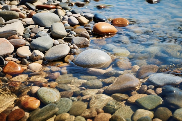 Rocky riverbed with clear water flowing over smooth
