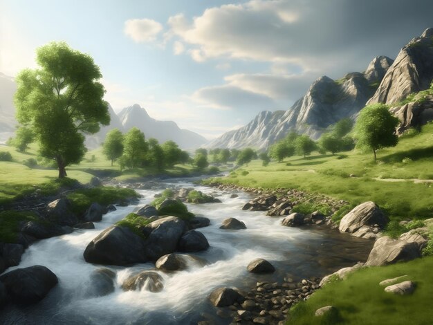 Rocky rivers in the middle of beautiful hill with trees and lush grass