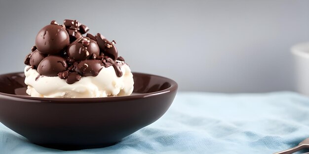 Rocky Road chocolate ice cream in a minimalist bowl on the table with bokeh background