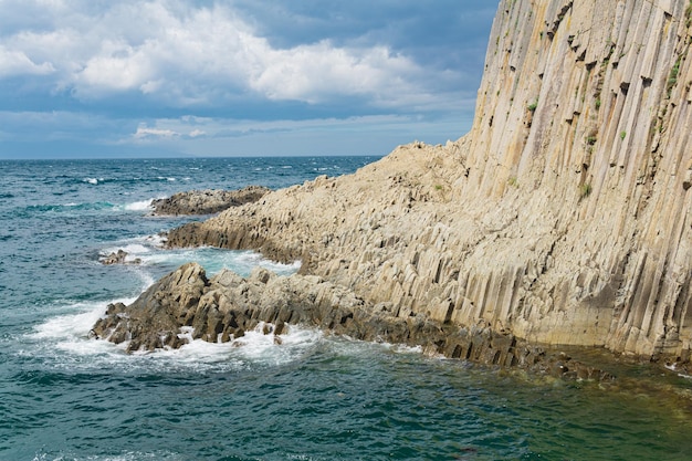 千島列島の海岸景観を背景に柱状玄武岩が形成する岩礁海岸