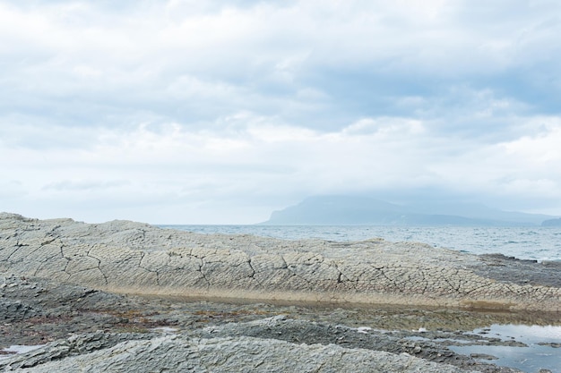 Kunashir 섬의 비늘이나 조약돌 포장 해안을 닮은 주상 화강암 경화 용암으로 만들어진 바위 해변