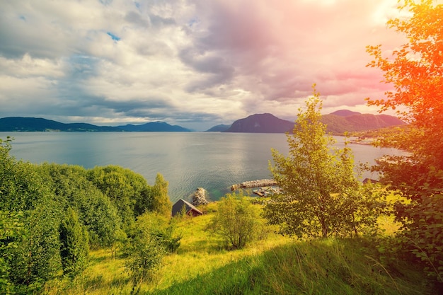 Rocky seashore Wilderness Norway Aerial view of sea from mount Aksla