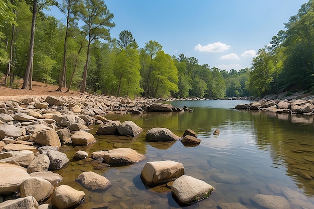 Rocky shore bij Lake Wylie bij McDowell Nature Preserve in Charlotte North Carolina