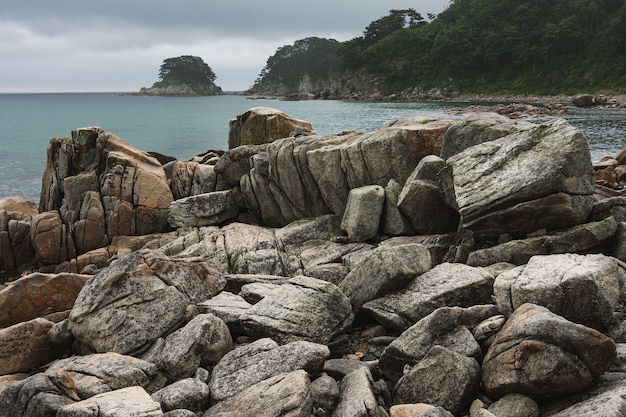 Rocky shore coastline of a bay