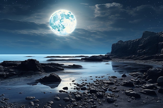 Photo rocky shore under full moon