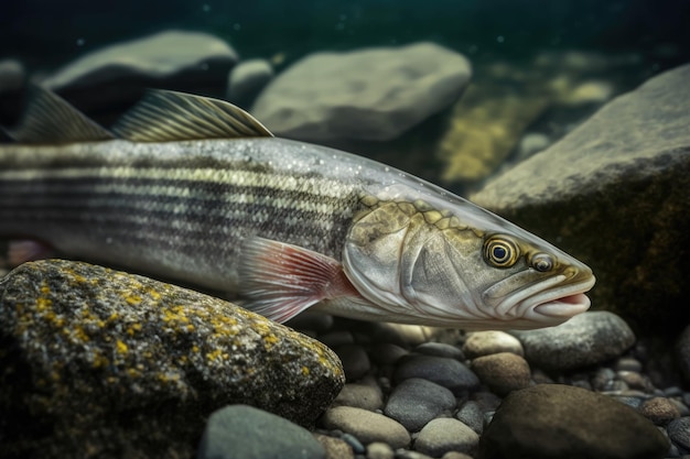 On the rocky shore is the body of a flathead silverside mullet macro photography at close range