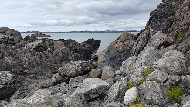 rocky shore and sea against cloudy sky