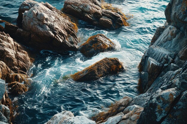 Photo a rocky shore with waves crashing onto rocks