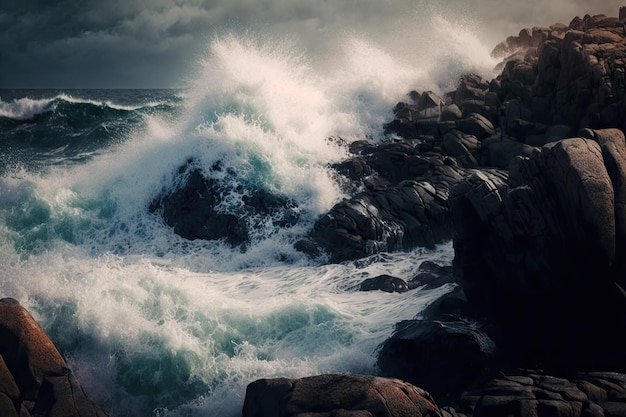 Rocky shoreline with turbulent waves crashing onto the rocks