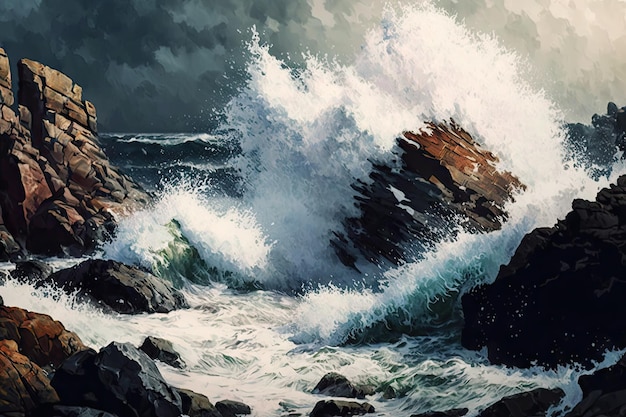 Фото Скалистый берег с бурными волнами, разбивающимися о скалы