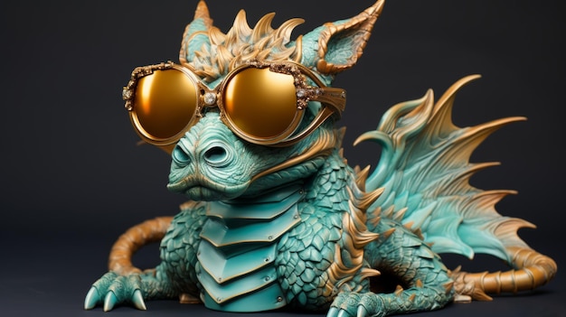 Rococo dragon statuette wearing sunglasses Isolated on black background Generative AI