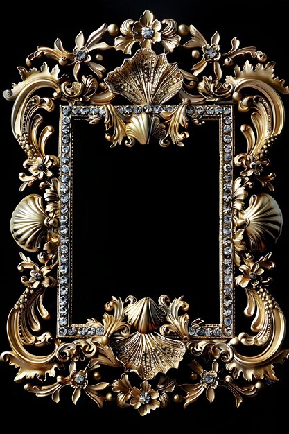 Photo rococo gold frame with shell and leaf motifs encrusted with metallic metal luxury expensive border