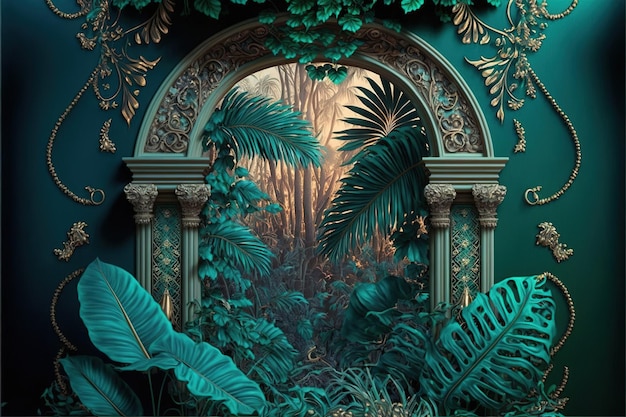 Rococo ontworpen ovale decoratie met exotische jungle en tropische plant