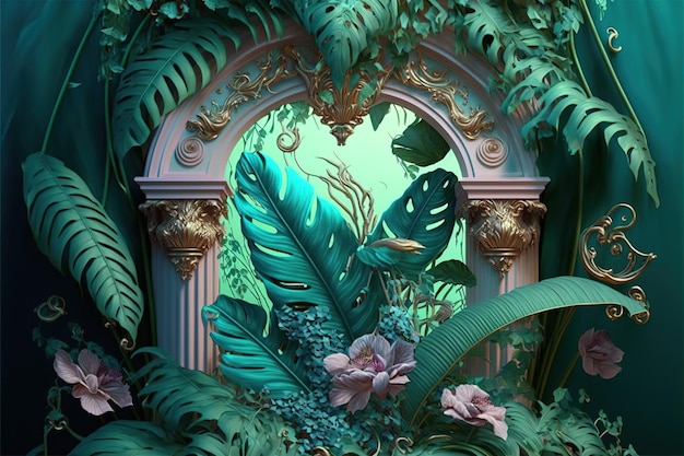 Rococo ontworpen ovale decoratie met exotische jungle en tropische plant