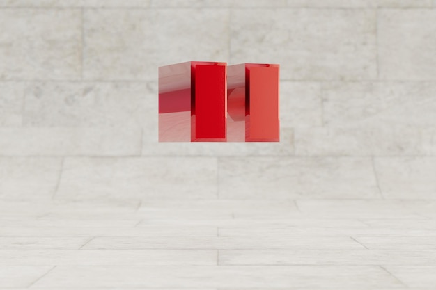 Rode 3d dubbele aanhalingstekens symbool. Glanzend rood metaalteken op de achtergrond van de steentegel. Glanzend metalen alfabet met studio lichtreflecties. 3D-gerenderde lettertype karakter.