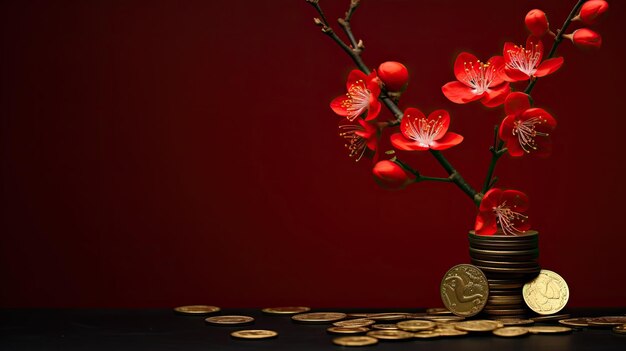 Rode achtergrond met bloemen en Chinese elementen