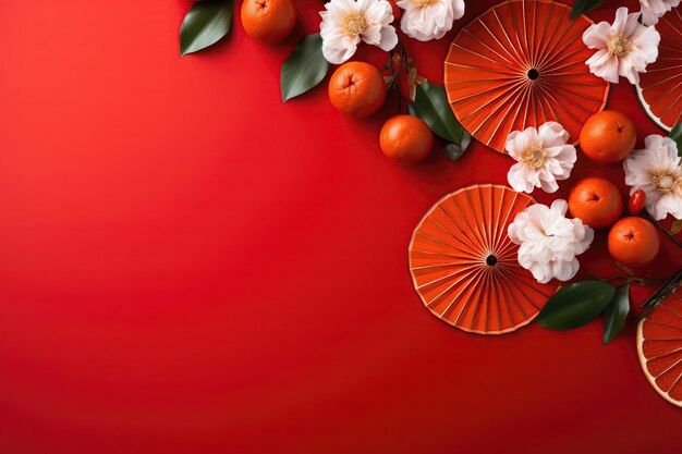 Rode achtergrond met fans Mandarijnen en bloemen Lege ruimte Bovenaanzicht Chinees Nieuwjaar Generatieve AI