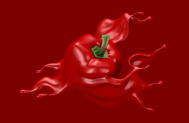 Rode achtergrond met paprika en splash ketchup, saus, sap. 3D-afbeelding, 3D-rendering.