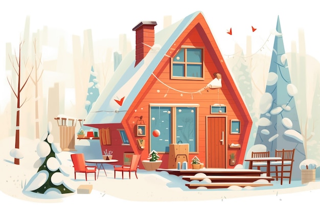 Rode aframe cabine met verlengde zijkanten in winter tijdschrift stijl illustratie