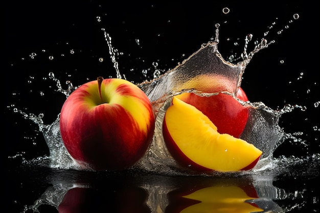 Rode appel met waterspruit op zwarte achtergrond fruitfotografie