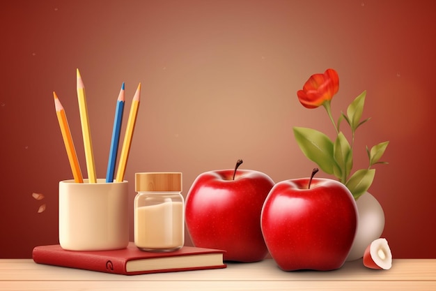 Rode appel op een tafel met potloden en een kopje potloden