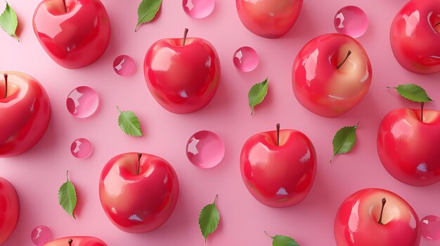 Rode appels en groene bladeren op een roze achtergrond De appels zijn glanzend en zien eruit alsof ze van glas zijn