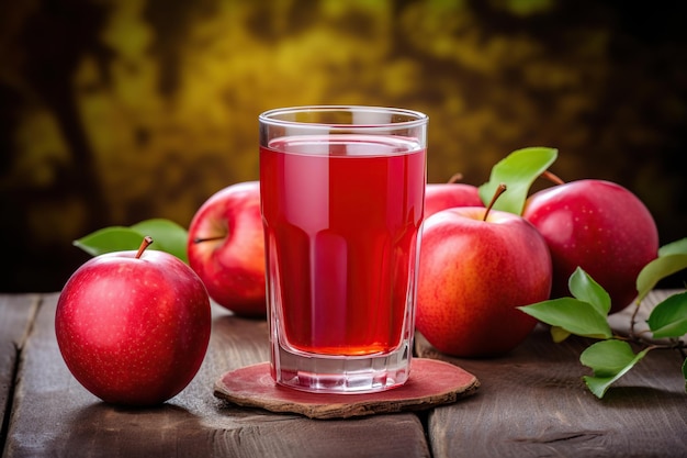 Rode appels met glas sap op bruine houten tafel