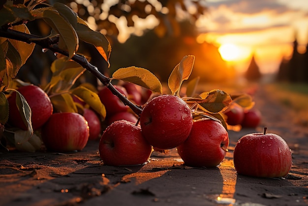 Rode appels op de grond in een appelboomgaard bij zonsondergang