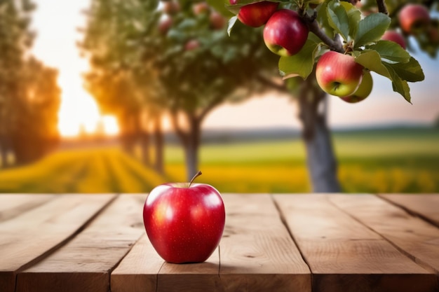 Foto rode appels op een zonovergoten houten tafel met appelboerderij achtergrond verse en sappige oogst