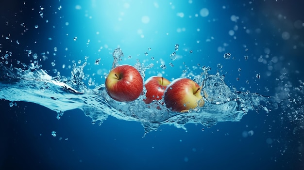 Rode appels vallen in het water spatten op een blauwe achtergrond Juicy fruit background AI gegenereerd