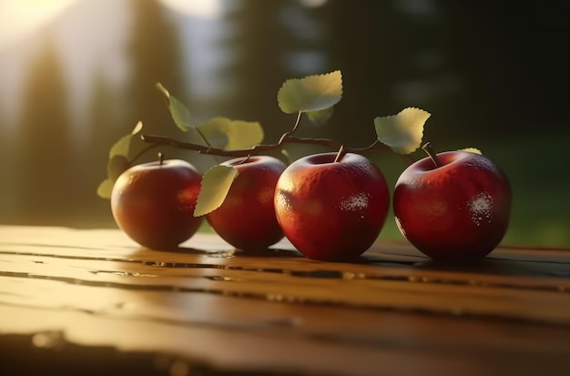 rode appels zijn allemaal naast een tafel in het midden van een bos geplaatst