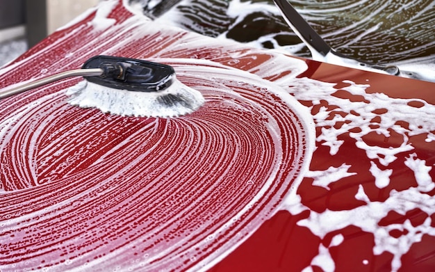 Rode auto gewassen in zelfbedieningsautowasstraat, borstel laat slagen achter in wit zeepschuim terwijl de voorkap wordt schoongemaakt.