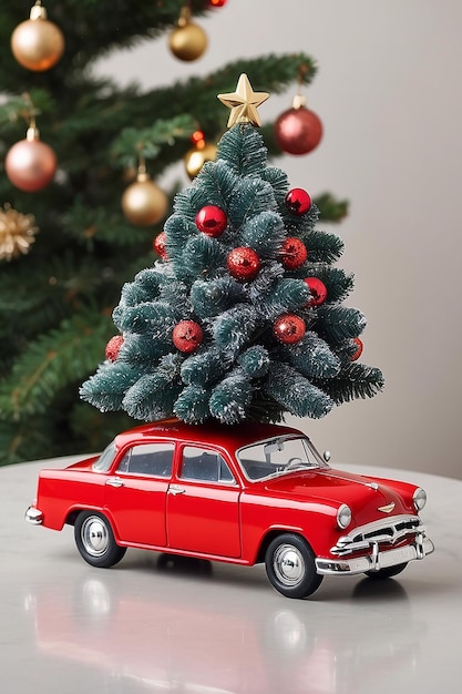 Rode auto speelgoed met een kerstboom op de top