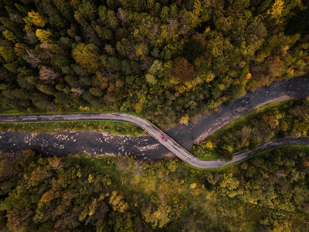 Rode autorit op kronkelende bochtige weg in Forest Bridge Crossing over Rover herfstseizoen Drone-weergave