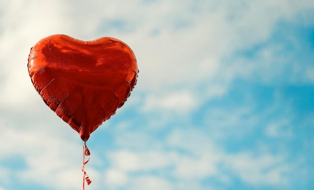 Rode ballon in de vorm van een hart tegen de hemel Vakantiekaart Happy Valentine's day concept