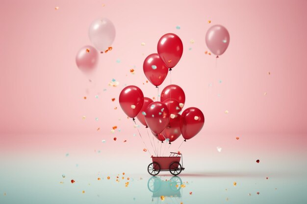 Rode ballonnen en confetti vliegen hier op een pastelkleurig achtergrondbord