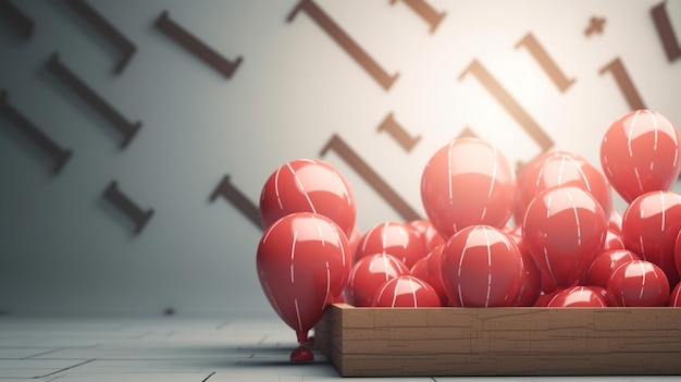 Foto rode ballonnen in een doos met de letter l op de muur