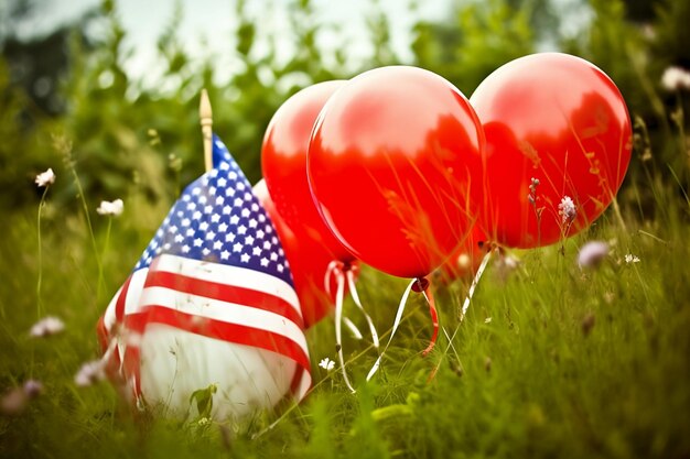 Foto rode ballonnen in het gras met een vlag