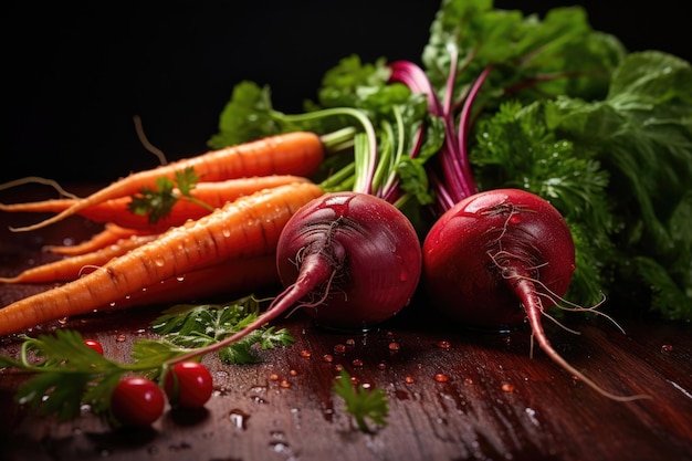 Rode beet en jonge wortels met druppels water en groene bladeren uit de tuin