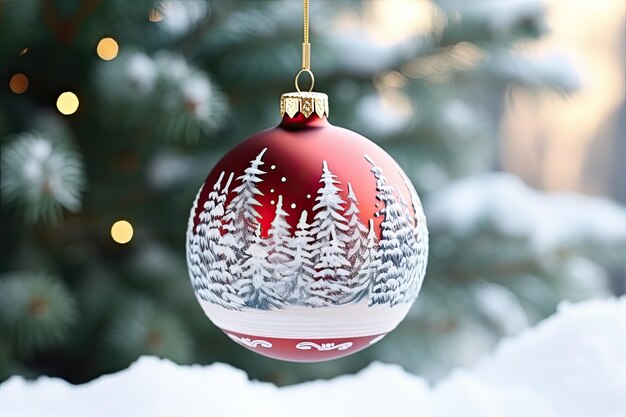 Foto rode besneeuwde kerstbal die aan een natuurlijke tak van een boom hangt generatieve ai