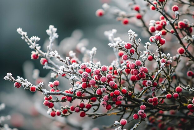 rode bessen op een boom zijn bedekt met sneeuw