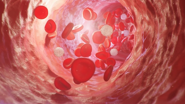 Rode bloedcellen in een slagader, ader. Bloedstroom in een levend organisme. Wetenschappelijk en medisch concept. Overdracht van belangrijke elementen in het bloed om het lichaam te beschermen. 3d illustratie